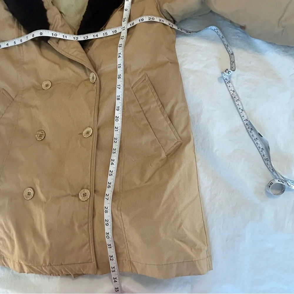 Eddie Bauer Vtg Goose Down Tan Double-Breasted Coat Faux Fur Collar Womens L USA